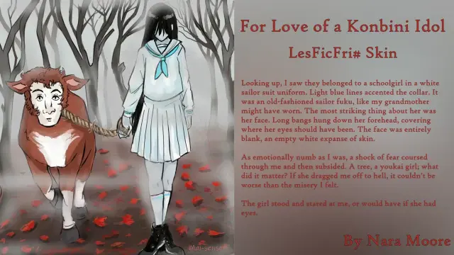 A faceless schoolgirl leads a cow with a human face

Quote: Looking up, I saw they belonged to a schoolgirl in a white sailor suit uniform. Light blue lines accented the collar. It was an old-fashioned sailor fuku, like my grandmother might have worn. The most striking thing about her was her face. Long bangs hung down her forehead, covering where her eyes should have been. The face was entirely blank, an empty white expanse of skin.

As emotionally numb as I was, a shock of fear coursed through me and then subsided. A tree, a youkai girl; what did it matter? If she dragged me off to hell, it couldn’t be worse than the misery I felt.

The girl stood and stared at me, or would have if she had eyes.