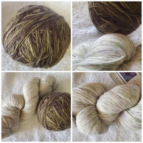 Green mottled Jade Sapphire 2-ply yarn paired with a white flicked with green and lavender sock yarn