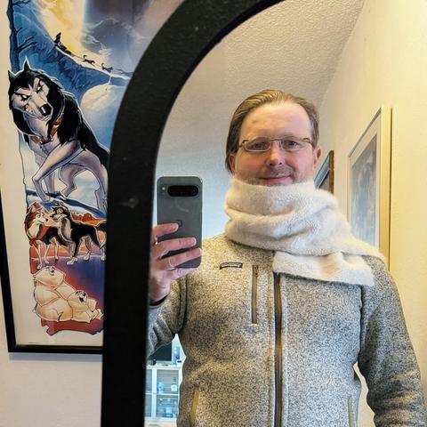 Another scarf selfie, this time with the scarf wound high, over the chin, and over the shoulder, with a bit of the tail sticking out on the front right side, just below the shoulder. A bit of a Balto movie theater poster shows to the side, with Steele leering at the mirror.