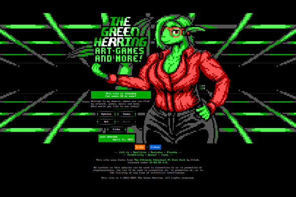 A lean green fishperson with long parted hair wearing red glasses, earrings, and a tight red satin blouse, along with form-fitting black satin trousers, greets the visitor to their website with a smile and a wave of their hand, their other hand resting on their hip and their tail lifted. The text says: "The Green Herring: Art, Games and More! This site is intended for users 18 or over! Welcome to my domain, where you can find my artwork, games, music and more. What would you like to see today?"