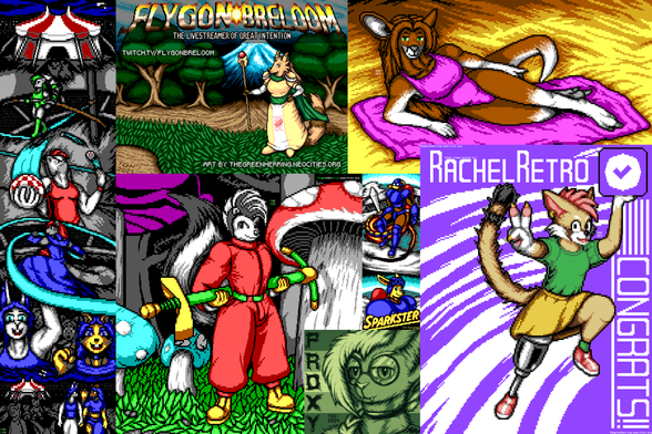 A showcase of high-density ANSI art and pixelart. It includes "Circus of Dreams", a long ANSI art comic/tapestry depicting a circus which won 3rd at Deadline 2024; a tapestry depicting Sparkster from "Rocket Knight Adventures" flying into space along with his portrait; a Sega Mega Drive/Gensis pixelart title screen of a furry mage in a field; a full-screen Game Boy portrait; and various high-detail and high-resolution ANSI art images that include a trans kangaroo woman relaxing happily at the beach, fennec/red panda streamer RachelRetro leaping through the air carrying a Twitch Verified symbol, and a mohawked punk skunk in a jumpsuit carrying a pogo stick in a forest of giant mushrooms.