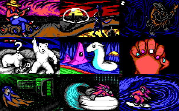 Various lower-resolution ANSI art images with such images as: a farmer pig playing the banjo while sitting on the rusted remains of a robot; an alien explorer and their drone observing the ruins of a domed city; Krampus marching through the countryside at night drawn with colored outlines; a polar bear dancing to a boombox in the arctic while another stares in confusion; alien creatures on an alien world by a river of bubbling acid; two clasping hands against a black background with trans pride nail polish; an otter in an underwater cyberspace environment swimming away from a gigantic computer displaying FTP messages; a raccoon lady in a wetsuit surfing through cyberspace; and the same raccoon surfing a detailed wave in the ocean.
