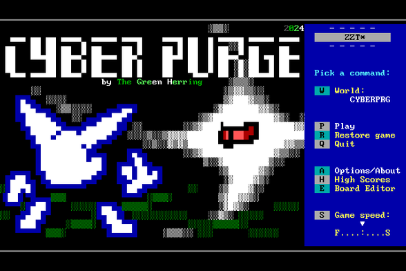 A screenshot of The Green Herring's ZZT game "Cyber Purge" running in ClassicZoo, showcasing our nonbinary hero's fox head avatar facing down the fascist villain's avatar on the title screen, beckoning the villain to take them on.