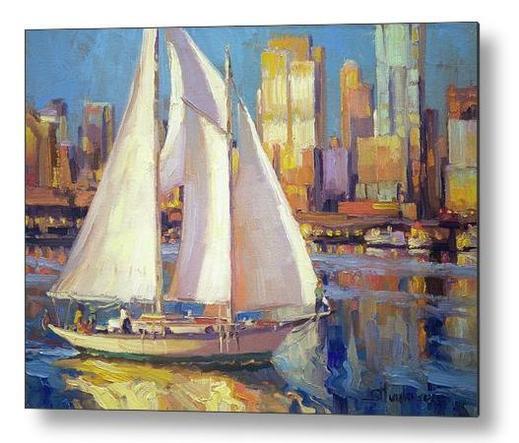 Metal print of an original oil painting depicting a sailboat gliding by a city at sunset.