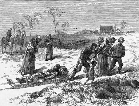 Gathering the dead after the Colfax massacre, published in Harper's Weekly, May 10, 1873. By Unknown author - http://blackhistory.harpweek.com/7Illustrations/Reconstruction/Illustrations/0397w500.jpg via http://blackhistory.harpweek.com/7Illustrations/Reconstruction/GatheringTheDead.htm, Public Domain, https://commons.wikimedia.org/w/index.php?curid=6693644