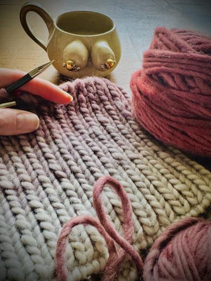 Photograph of knitting with knitting needles, balls of yarn and a coffee mug with breasts on the mug.