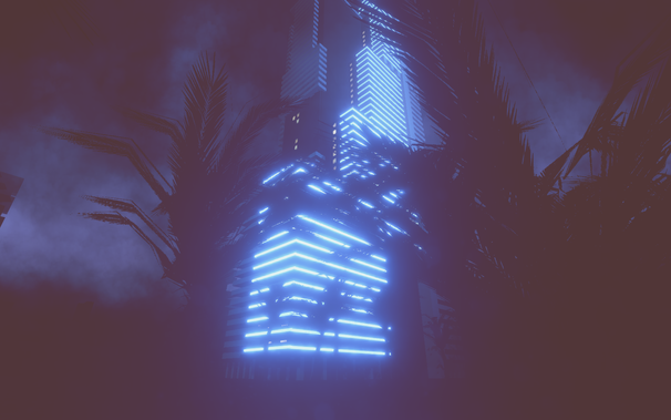 A illuminated skyscraper in a nightly 3D-Landscape.