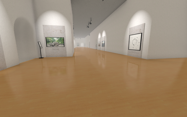 Vast corridors with a shiny floor and exhibited images and photographs under spotlights.