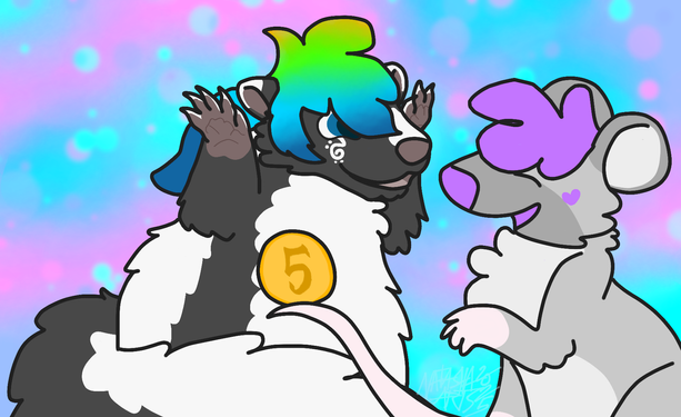 drawing of a skunk (on the left) and a mouse (on the right).
The skunk is on it's hind paws, front legs in the air in happiness.
The mouse has one paw raised gesturing to a coin on her tail.
The mouse has purple hair, the skunk has a mix between yellow, green, and light blue hair.