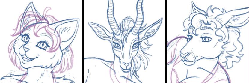 Three anthro character headshot sketches, the first a cheerfully grinning female cat with shoulder-length hair, the second an elegant male gazelle with a flowing mane looking at the viewer with a piercing gaze, and the third a kangaroo trans lady with short curly hair, looking peacefully to one side.