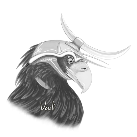 A black and white drawing of the bust of an adult Steller's sea eagle female wearing a helmet replete with blades and spikes.
