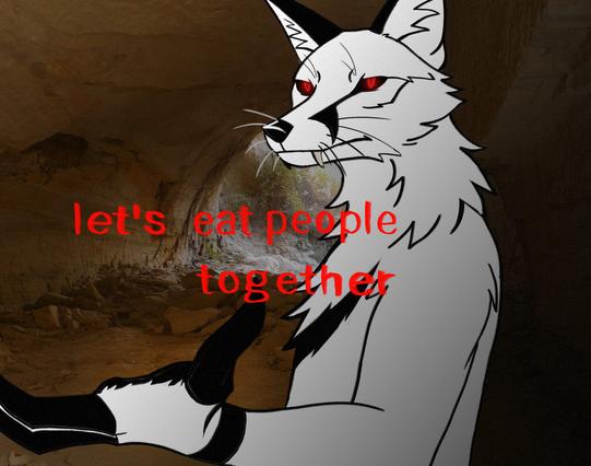 Half body of an anthropomorphic white fox reaching to the viewer. The overlaid text says "let's eat people together". Digitally drawn.