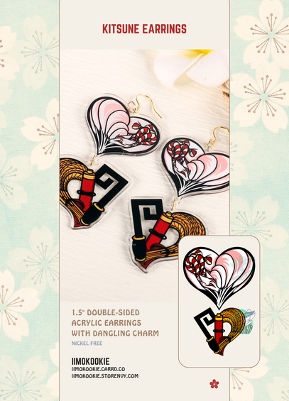 image features a photograph of an acrylic charm necklace of a kitsune curled up into a heart shape, with a granary key beneath it. The text reads: "Kitsune Earrings. 1.5 inch double sided acrylic nearrings with dangling charm. Nickel free. Iimokookie. Iimokookie.carrd.co. Iimokookie.storenvy.com".