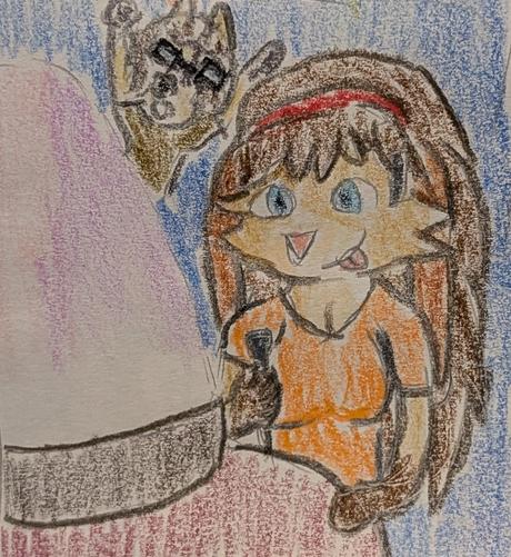 Color pencil drawing of Lop Norausa, a Lepi woman from Star Wars Visions, about to dig into a mountain of shaved ice with cherry blossom and lavender syrup in it. Her hubby, Eli Norainu, an anthro dog man, my main OC, cheers her on from a safe distance.