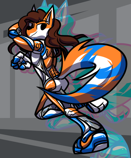 A fox in synthetic armor makes a dynamic pose. Most of the image is taken up by their tails x3