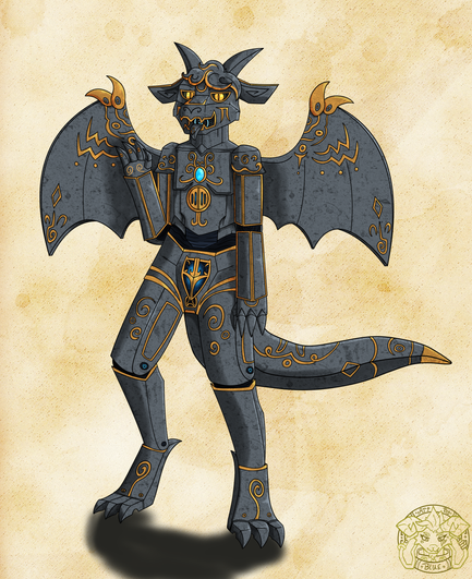 A grey gargoyle golem with gold trim and filigree over their body, standing in a neutral pose, with their right hand raised (perhaps giving a wave.)