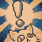 A low angled shot of a large shiny exclamation mark floating above a cat's head, imagined as 48 x 48 pixel art (resized to 144x144)