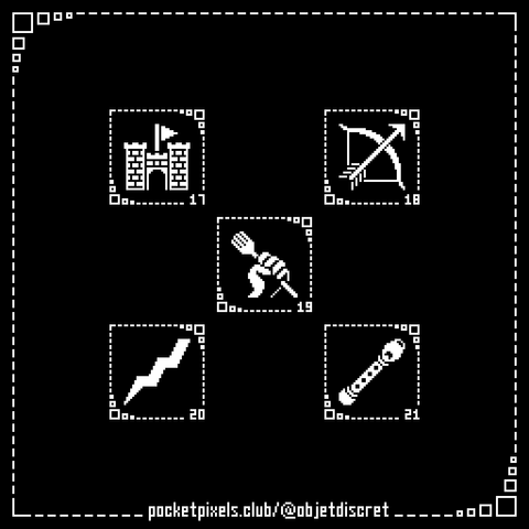 a pixel art illustration of a castle, a bow & arrow, a hand clutching a fork, a lightning bolt, and a recorder instrument.