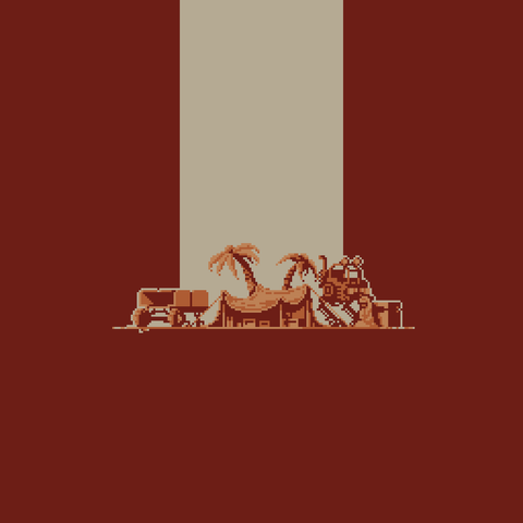 At the center there is a tarp shelter covering a bunch of boxes/goods. Behind the shelter there are two palm trees. To the left an empty wagon on two tires and right side a simple light mech, with a person sitting on the floor in front of the mech leaning their back on a big box.