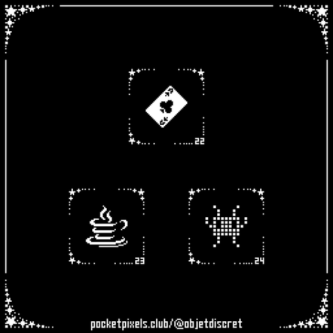 a pixel art illustration of an Ace of Clubs card, the Java logo, and retro shooting game space alien.