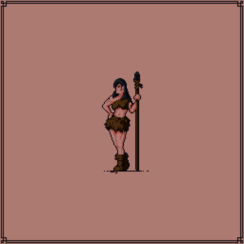 A cave woman rocking a stylish fur combination of boots skirt and top, completing it with an obsidian tipped spear to match her hair color.