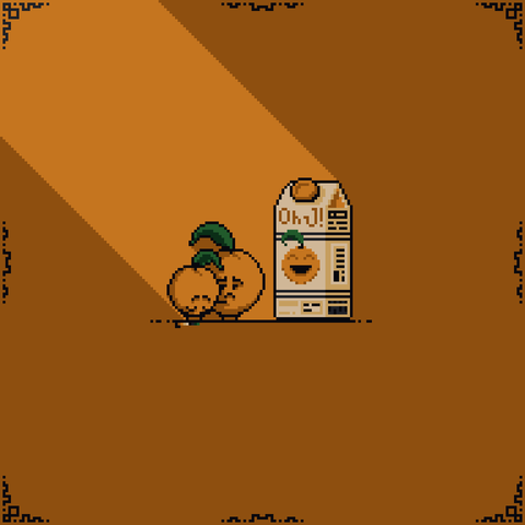 To the left there are two oranges one larger, the larger orange consoling the smaller orange weeping, to their right side there is a box of orange juice "Oh J!" brand.