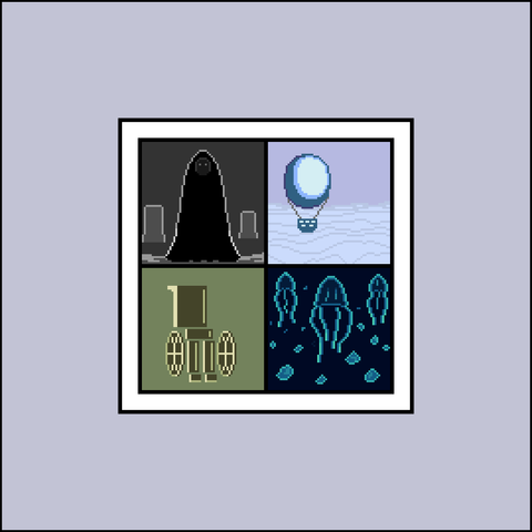 Four 64x64 pixel art images. Upper left is a mysterious figure standing in a graveyard, upper right is a hot air balloon flying over clouds, bottom left is a wheelchair, and bottom right is three fluorescent jellyfish with a few other fluorescent creatures in the background.