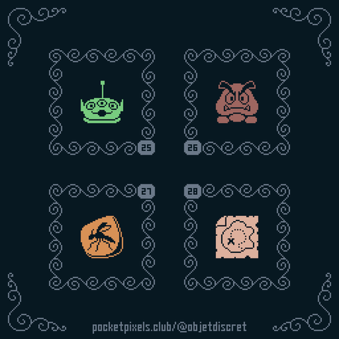 a pixel art illustration of an alien toy from Toy Story, a Goomba from the Mario series, a mosquito in amber, and a treasure map.