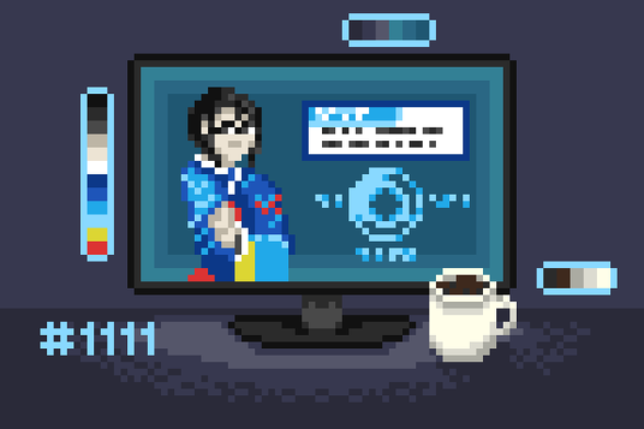 Pixelart rendition of a scene from the game Analogue: A Hate Story, where Hyun-ae asks you to make a cake. Like a real cake, outside of the game. The scene, which is just her on a blue background with a text box and dialogue choices below it, is shown on a monitor screen casting light onto a vague table. Next to the screen, a freshly-baked mugcake sits.