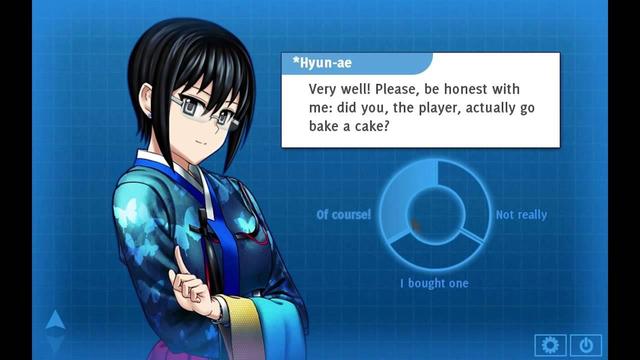 Screenshot from Analogue: A Hate Story, where the character Hyun-ae asks you: "Very well! Please, be honest with me: did you, the player, actually go bake a cake?" with dialogue options for "Of course!", "Not really", and "I bought one".