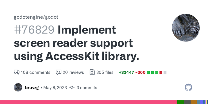Initial implementation of the AccessKit integration use C-API:
All base (non-editor) controls should work now. UI behavior without active screen reader should be mostly unchanged. When screen reade...