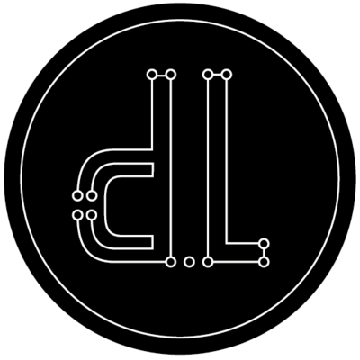 A stylised d, ., and l, in white, on a black background. They look a bit like a circuit board