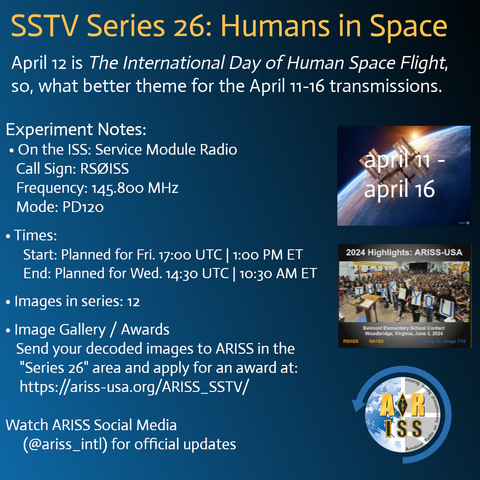 SSTV Series 26: Humans in Space

April 12 is The International Day of Human Space Flight, so, what better theme for the April 11-16 transmissions.

Experiment Notes:
 • On the ISS: Service Module Radio
   Call Sign: RSØISS
   Frequency: 145.800 MHz
   Mode: PD120 

• Times: 
     Start: Planned for Fri. 17:00 UTC | 1:00 PM ET
     End: Planned for Wed. 14:30 UTC | 10:30 AM ET

• Images in series: 12

• Image Gallery / Awards
   Send your decoded images to ARISS in the 
    "Series 26" area and apply for an award at:
    https://ariss-usa.org/ARISS_SSTV/
        
Watch ARISS Social Media 
     (@ariss_intl) for official updates

