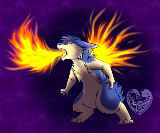 digital art of a Typhlosion pokemon OC blasting fire from their mouth with their back fire also in full blaze