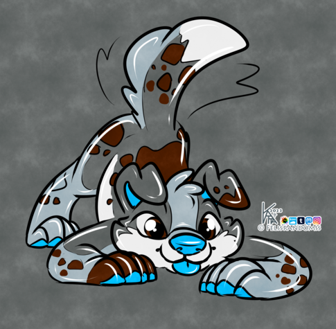 a very cute digital art doodle of a dog character made of rubber. They're in a typical puppy pose with rump up and front legs against the ground. Theyre grey, brown, and blue in color, with markings like an australian shepherd.