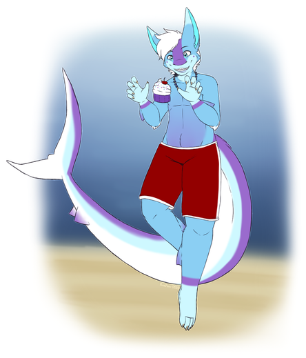 A sketch from Shark Week 2018. Featured is Ruffle, a fluffy blue and purple anthro dragon crossed with a thresher shark stalking a floating cupcake underwater. He is wearing red and white lifeguard shorts and a seashell necklace.