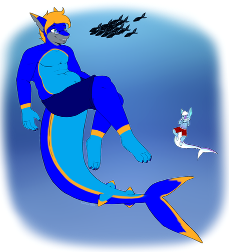 A sketch from Shark Week 2018. Featured are Zecko, a blue, orange, and grey fox transformed into an anthro bull shark wearing dark blue swim trunks as he floats idly watching a school of fish swimming by, and a chibi Ruffle making a cameo appearance in the background. Ruffle is a blue and purple fluffy dragon crossed with a thresher shark and is wearing red and white lifeguard shorts and a seashell necklace.