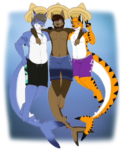 A sketch from Shark Week 2018. Featured are the fox trio aka Jay, Curly, and Fade. Jay is a blue and white fox crossed with a lemon shark dressed in black swim trunks with black, white, and green panels on the sides, and his crystal necklace has been turned into a shark's tooth. He has one hand on his hip while winking and blepping at the viewer. Curly, in the middle, is a brown and tan folf crossed with a blacktip reef shark wearing decorated blue swim trunks, and has their arms around Jay and Fade's shoulders with both hands making peace signs. Fade, the orange, black, and white fox is crossed with a tiger shark and is wearing purple decorated swim trunks. He has one hand on Curly's shoulder while the other also throws a peace sign. All three of them have floating sombreros in reference to The Three Caballeros.