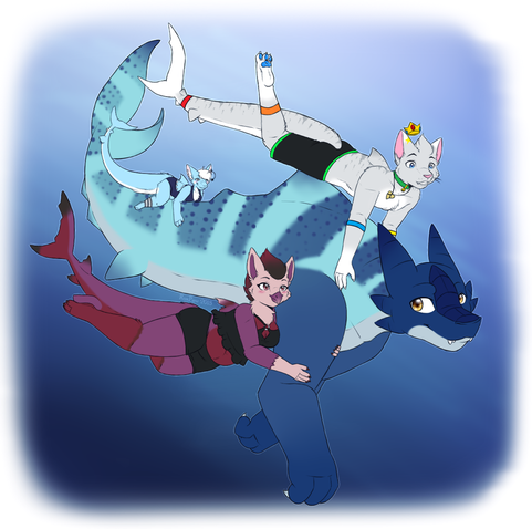 A sketch from Shark Week 2018. Featured are Ryth, a dragon modeled after Salamence (Pokemon) crossed with a zebra shark, and clinging to him as he swims are Tommy, Nova, and Chime.
Ryth is drawn in a mer-style (no back legs, only tail fin) while the others are all anthro. Tommy is a grey and white cat crossed with a tiger shark, he is wearing black and green swim trunks, a shark tooth necklace paired with his green bell collar, and his crown is floating off his head as he clings to Ryth's back. Nova is a chubby pink and purple gryphon crossed with a whitetip reef shark, she is wearing a two piece black swimsuit composed of shorts and a halter top, and is holding one of Ryth's arms. Chime is a blue and white rabbit/fennec crossed with a thresher shark, she is rocking the sharkini and clinging to Ryth's tail.