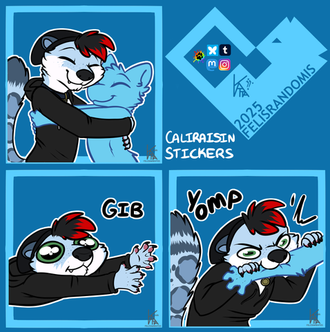 Digital art of an Otter/Snow Leopard hybrid made for telegram/discord stickers. Hugging a YCH, reaching out arms saying "gib", and angrily yomping on a YCH arm.