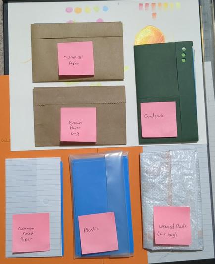 A photo overview of "Papr" displaying different materials that can be used.

The first two display common grocery store "brown paper bags" and generic "gift wrapping paper"

Next is a green model made from "construction paper" or "card stock"

Following by the last three. School "ruled paper", "plastic", and "weaved plastic" from a bag of rice.

Photo and Papr by, SelfDugGrave 