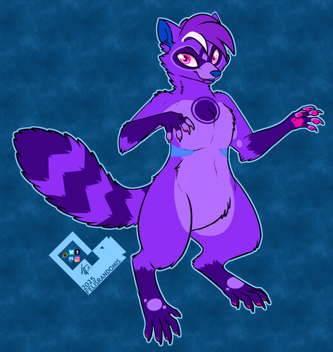 Digital art of a raccoon character. He is various shades of purple~
