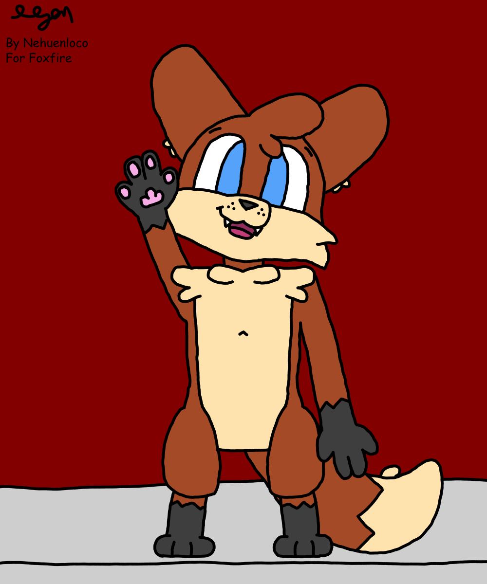 Digital drawing of Foxfire, an anthro fox, smiling and waving to the viewer. His head is tilted slightly to his side.