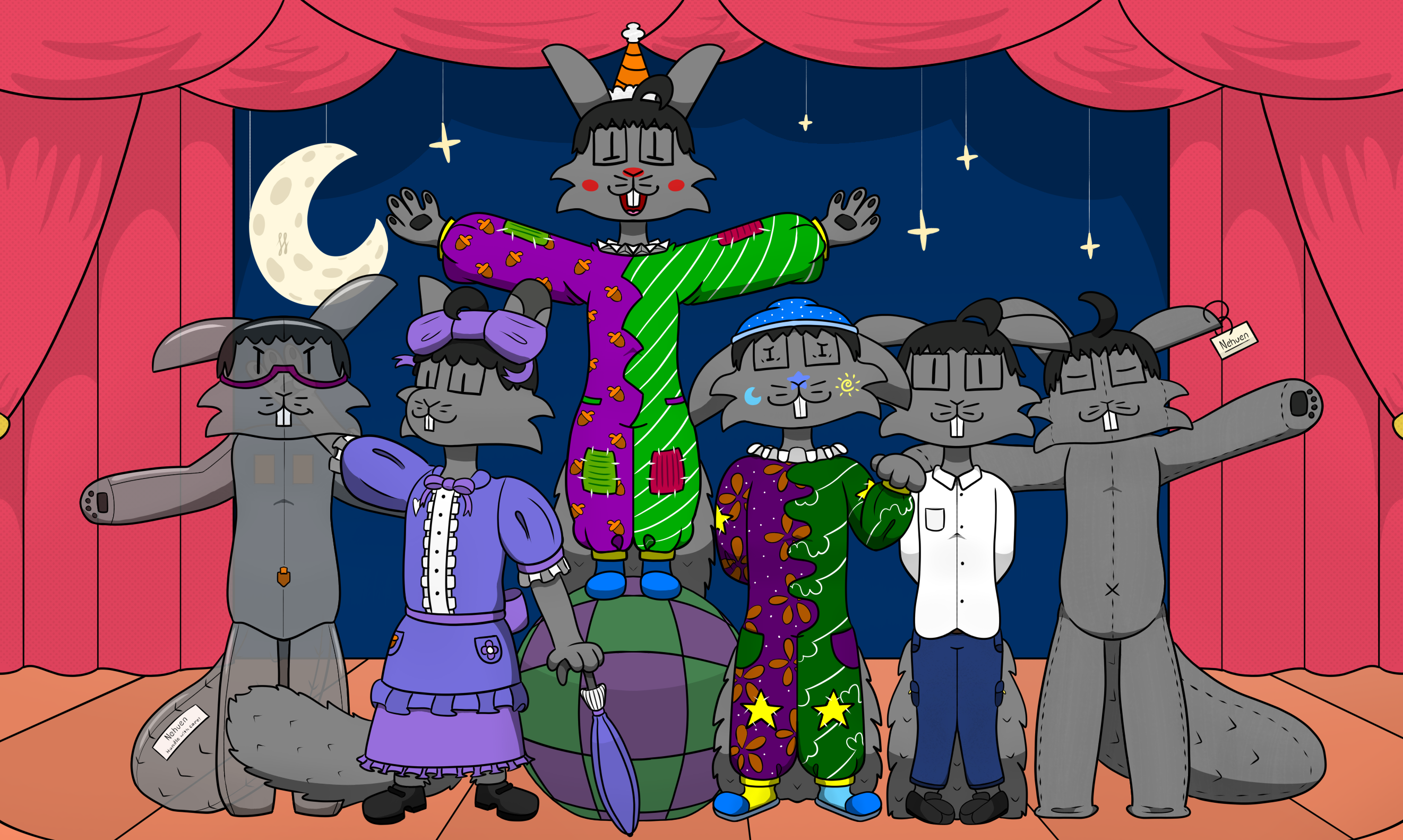 Digital drawing of a stage, with a backdrop of a prop night sky. Six Nehuens, an anthro squirrel, are posing together, as if after the end of a performance. From left to right, we have a translucent pool toy Nehuen, complete with goggles; a femininely dressed Nehuen, with a puffy purple dress, with a bow and umbrella to match; a Nehuen in a puffy clown outfit, complimented with a hat, patches, and him standing on a big ball; a "snoozy" Nehuen, in a similar puffy clown outfit, but with a sleeping cap, slippers, and very tired eyes; Nehuen in his normal attire, a long sleeve polo and jeans, shyly posing; finally, a plushie Nehuen, with a little tag sticking off of his ear.