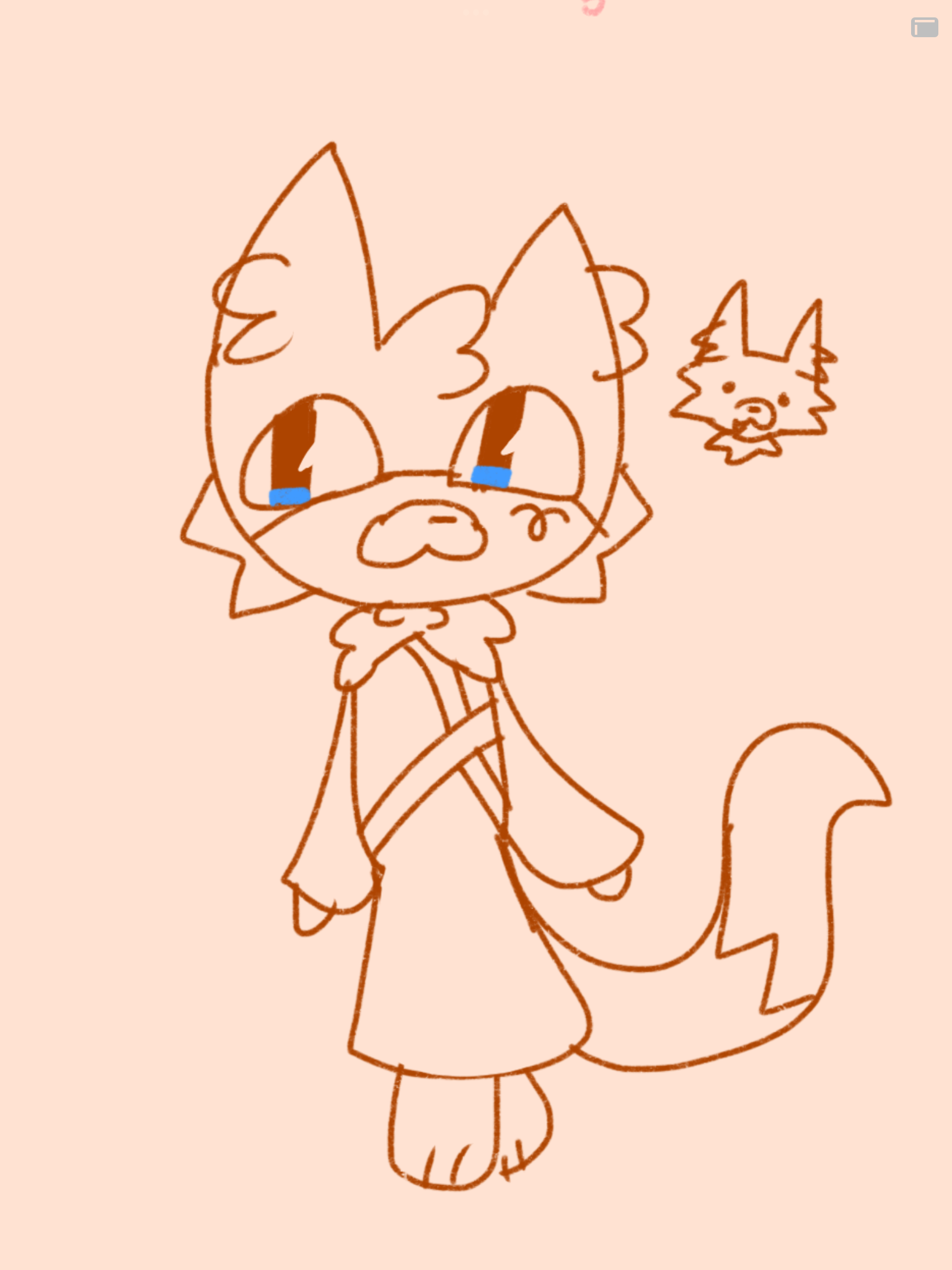 Rough, uncolored sketch of Foxfire, an anthro fox, in some sort of one piece dress; perhaps it's a yukata. Foxfire is noticibly thinner than usual, and even his tail has more of a cat like thinness to it. There's also a tiny second doodle of Foxfire sticking his tongue out to the right of the image.