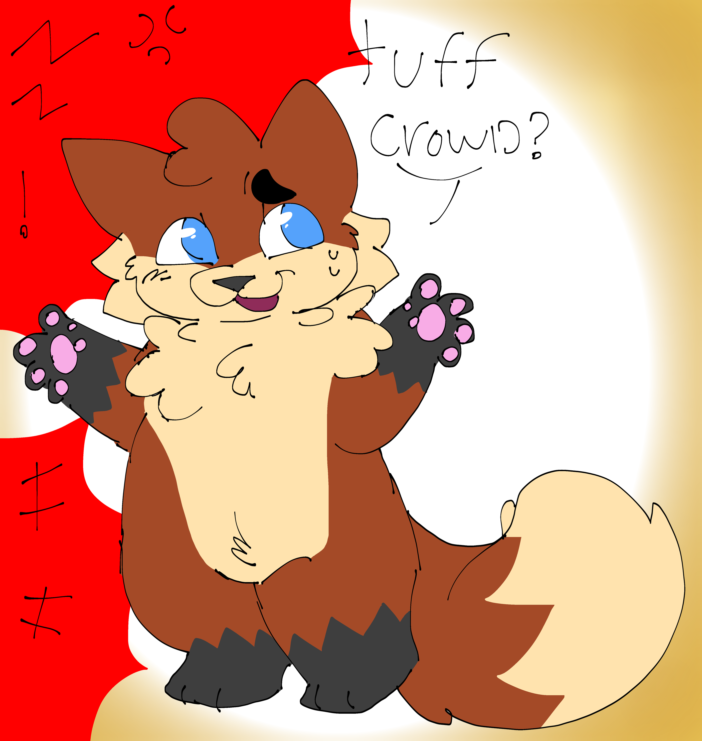 Colored sketch of Foxfire, an anthro fox, with a shrugging pose and a nervous smile. Beads of sweat roll down his cheek while the background has angry symbols in spiky speech bubbles. Foxfire says "tuff crowd?" Foxfire is noticeably fluffier and more plump than usual, but with no visible fat rolls.